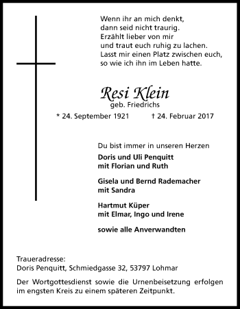 Anzeige von Resi Klein von Kölner Stadt-Anzeiger / Kölnische Rundschau / Express