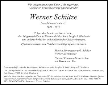 Anzeige von Werner Schütze von Kölner Stadt-Anzeiger / Kölnische Rundschau / Express