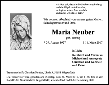 Anzeige von Maria Neuber von Kölner Stadt-Anzeiger / Kölnische Rundschau / Express