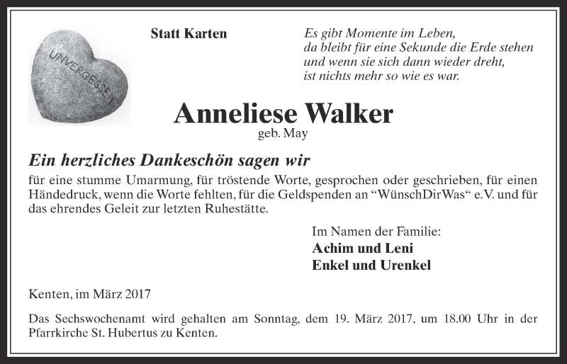  Traueranzeige für Anneliese Walker vom 15.03.2017 aus  Werbepost 