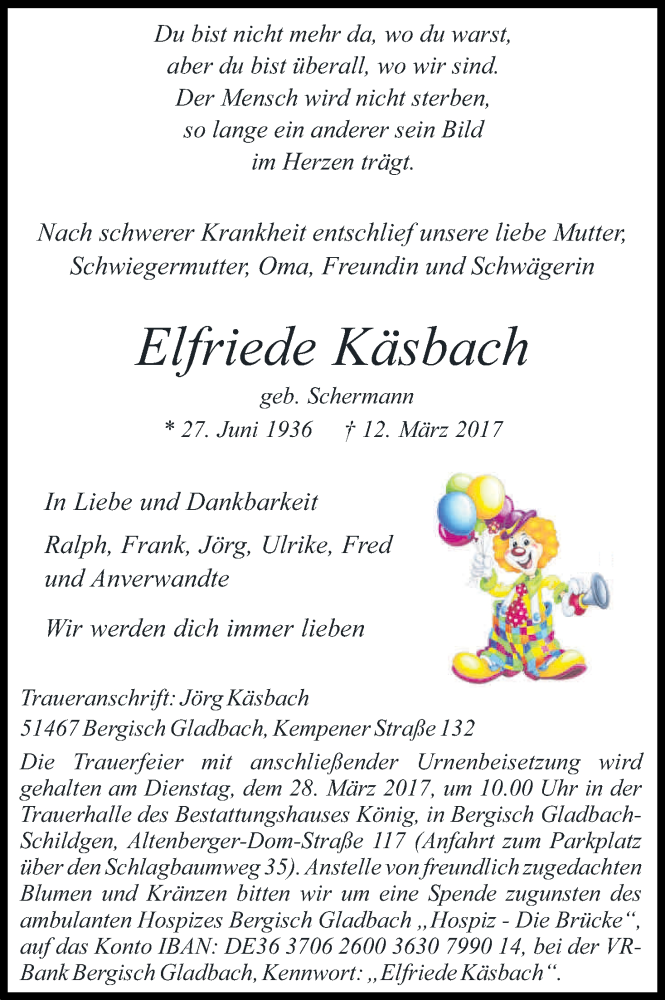  Traueranzeige für Elfriede Käsbach vom 18.03.2017 aus Kölner Stadt-Anzeiger / Kölnische Rundschau / Express