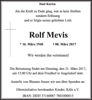 Anzeige von Rolf Mevis von  Sonntags-Post 
