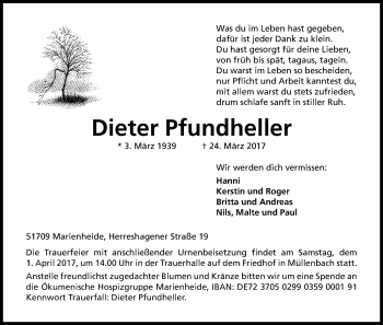 Anzeige von Dieter Pfundheller von Kölner Stadt-Anzeiger / Kölnische Rundschau / Express