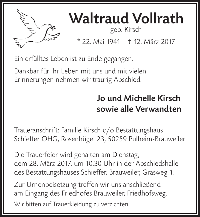  Traueranzeige für Waltraud Vollrath vom 18.03.2017 aus  Sonntags-Post 
