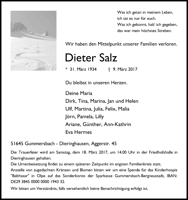  Traueranzeige für Dieter Salz vom 15.03.2017 aus Kölner Stadt-Anzeiger / Kölnische Rundschau / Express