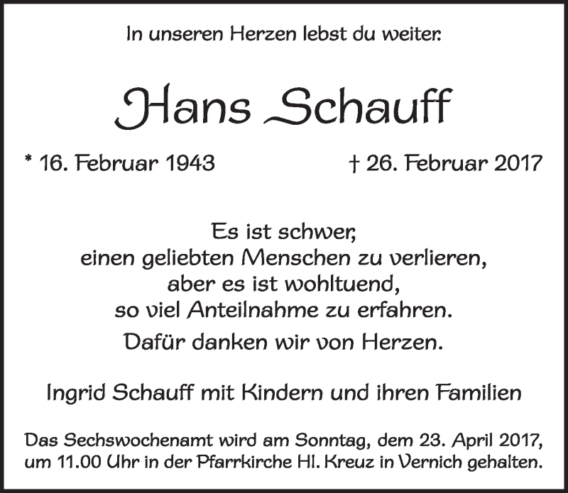  Traueranzeige für Hans Schauff vom 01.04.2017 aus  Blickpunkt Euskirchen 