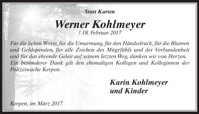  Traueranzeige für Werner Kohlmeyer vom 22.03.2017 aus  Werbepost 