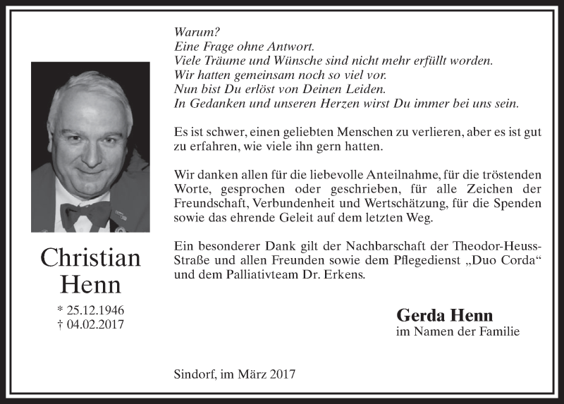  Traueranzeige für Christian Henn vom 18.03.2017 aus  Sonntags-Post 