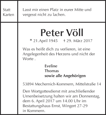 Anzeige von Peter Völl von  Blickpunkt Euskirchen 