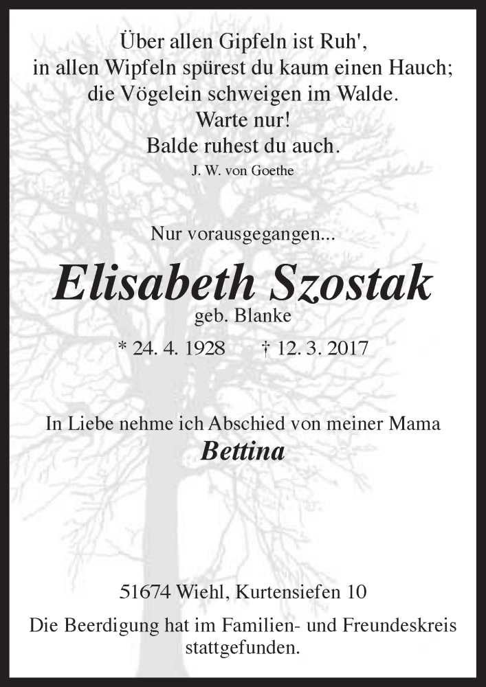  Traueranzeige für Elisabeth Szostak vom 22.03.2017 aus  Anzeigen Echo 