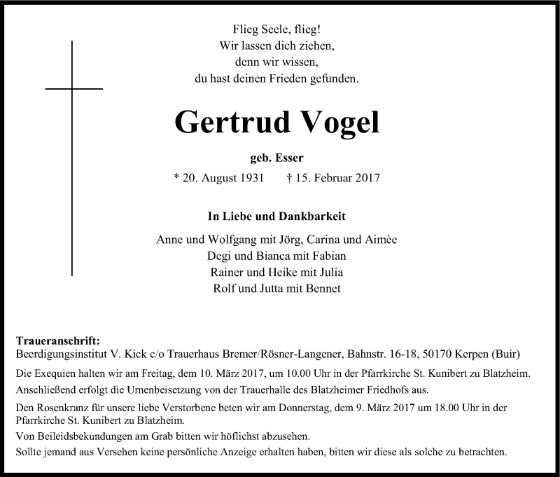  Traueranzeige für Gertrud Vogel vom 04.03.2017 aus Kölner Stadt-Anzeiger / Kölnische Rundschau / Express