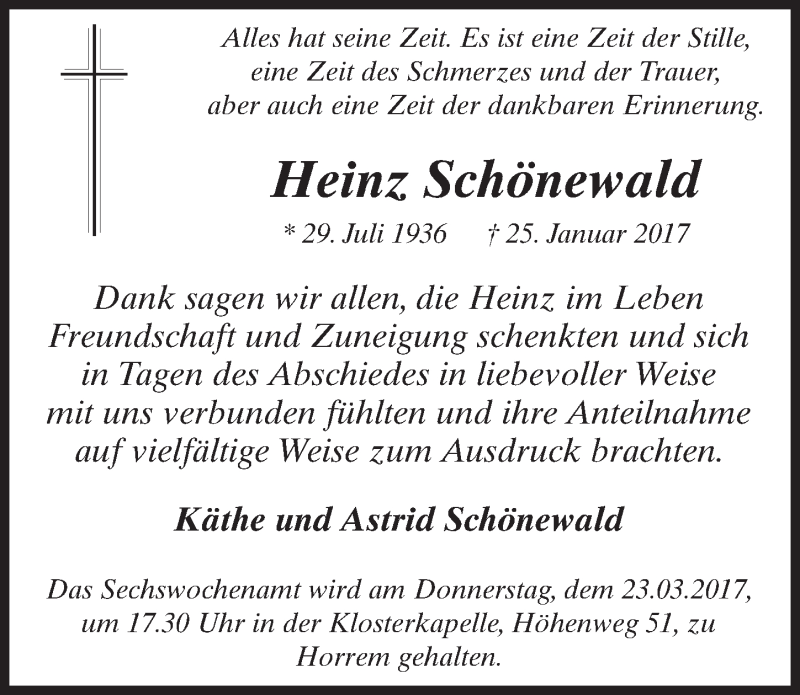  Traueranzeige für Heinz Schönewald vom 18.03.2017 aus  Sonntags-Post 
