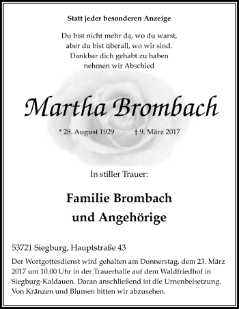 Anzeige von Martha Brombach von Kölner Stadt-Anzeiger / Kölnische Rundschau / Express