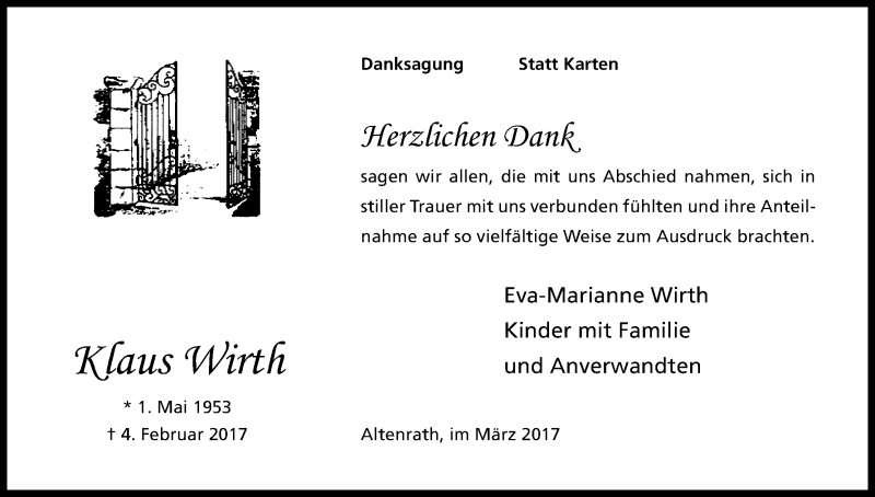  Traueranzeige für Klaus Wirth vom 18.03.2017 aus Kölner Stadt-Anzeiger / Kölnische Rundschau / Express