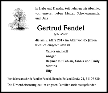 Anzeige von Gertrud Fendel von Kölner Stadt-Anzeiger / Kölnische Rundschau / Express