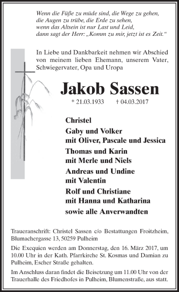 Anzeige von Jakob Sassen von  Sonntags-Post 