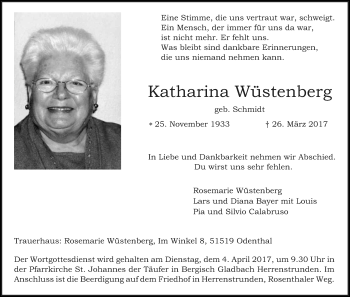 Anzeige von Katharina Wüstenberg von Kölner Stadt-Anzeiger / Kölnische Rundschau / Express