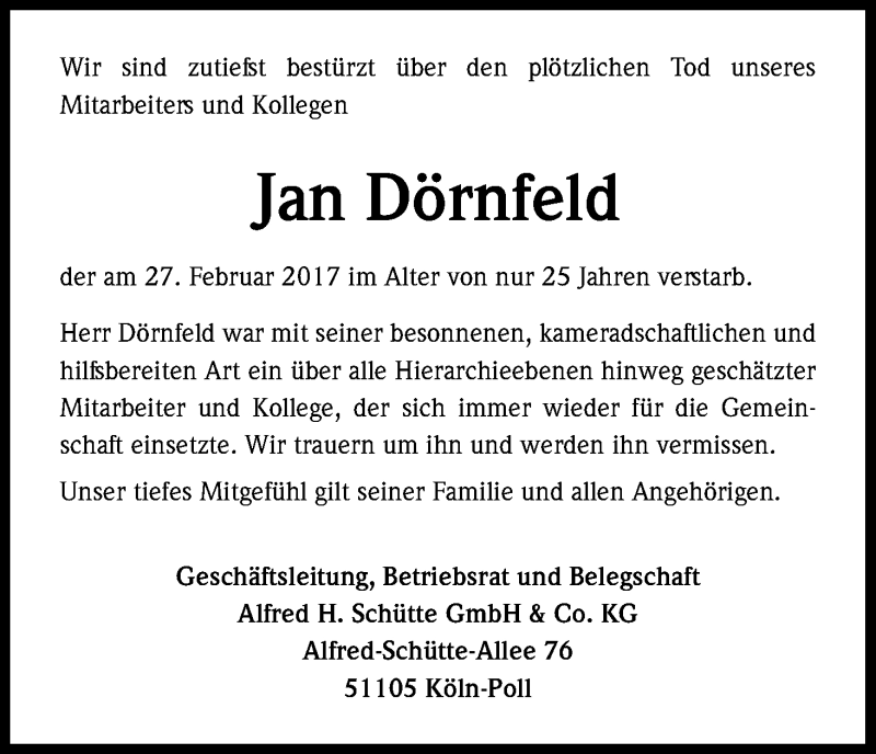  Traueranzeige für Jan Dörnfeld vom 11.03.2017 aus Kölner Stadt-Anzeiger / Kölnische Rundschau / Express