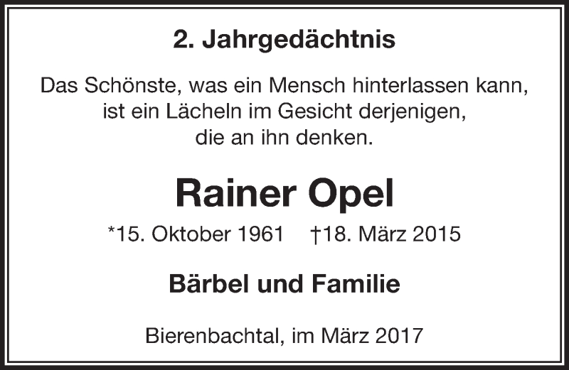  Traueranzeige für Rainer Opel vom 15.03.2017 aus  Lokalanzeiger 