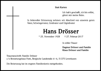 Anzeige von Hans Drösser von Kölner Stadt-Anzeiger / Kölnische Rundschau / Express