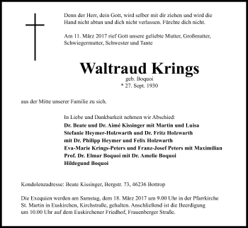 Anzeige von Waltraud Krings von Kölner Stadt-Anzeiger / Kölnische Rundschau / Express