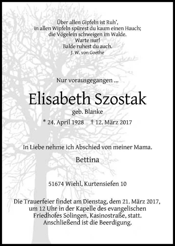  Traueranzeige für Elisabeth Szostak vom 18.03.2017 aus Kölner Stadt-Anzeiger / Kölnische Rundschau / Express