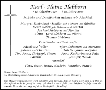 Anzeige von Karl-Heinz Hebborn von Kölner Stadt-Anzeiger / Kölnische Rundschau / Express