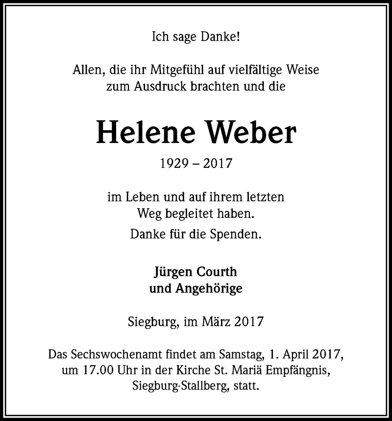  Traueranzeige für Helene Weber vom 31.03.2017 aus Kölner Stadt-Anzeiger / Kölnische Rundschau / Express