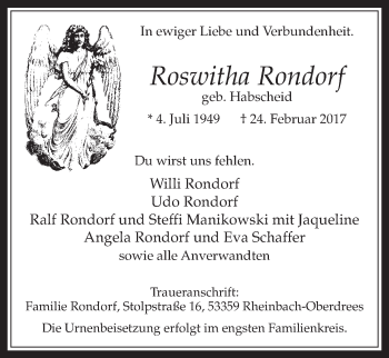 Anzeige von Roswitha Rondorf von  Schaufenster/Blickpunkt 