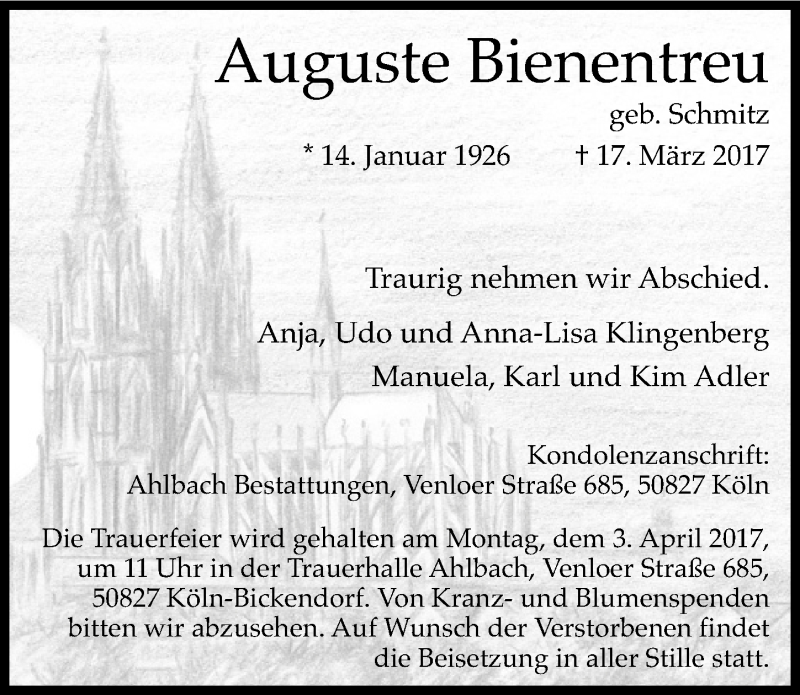  Traueranzeige für Auguste Bienentreu vom 29.03.2017 aus  Kölner Wochenspiegel 