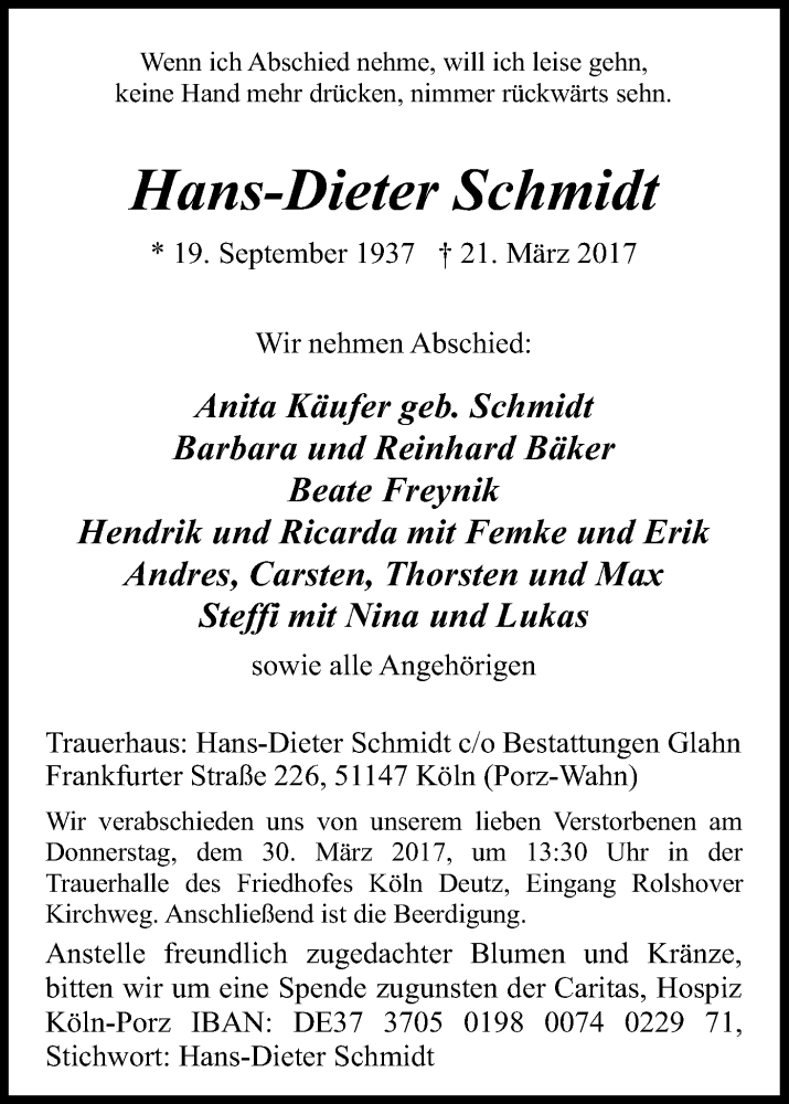  Traueranzeige für Hans-Dieter Schmidt vom 25.03.2017 aus Kölner Stadt-Anzeiger / Kölnische Rundschau / Express