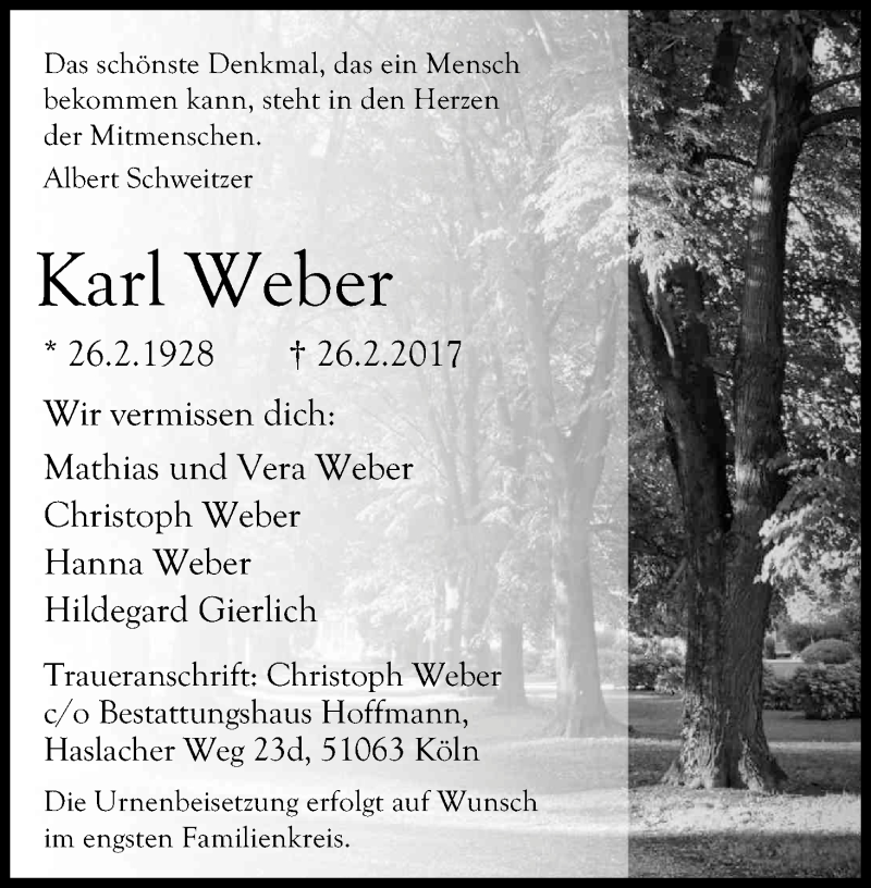  Traueranzeige für Karl Weber vom 10.03.2017 aus Kölner Stadt-Anzeiger / Kölnische Rundschau / Express