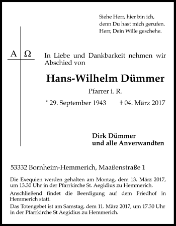 Anzeige von Hans-Wilhelm Dümmer von Kölner Stadt-Anzeiger / Kölnische Rundschau / Express