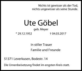 Anzeige von Ute Göbel von Kölner Stadt-Anzeiger / Kölnische Rundschau / Express
