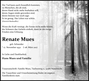 Anzeige von Renate Mues von Kölner Stadt-Anzeiger / Kölnische Rundschau / Express