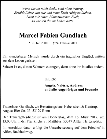 Anzeige von Marcel Fabien Gundlach von  Schaufenster/Blickpunkt am Wochenende 