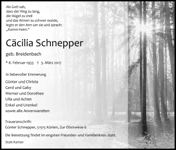 Anzeige von Cäcilia Schnepper von Kölner Stadt-Anzeiger / Kölnische Rundschau / Express