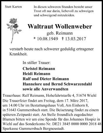 Anzeige von Waltraut Wollenweber von Kölner Stadt-Anzeiger / Kölnische Rundschau / Express