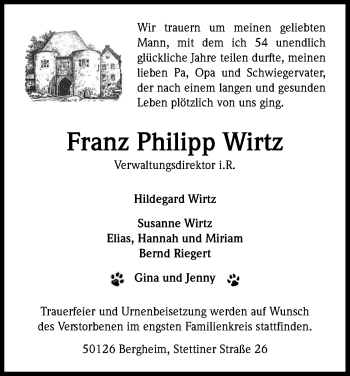 Anzeige von Franz Philipp Wirtz von Kölner Stadt-Anzeiger / Kölnische Rundschau / Express