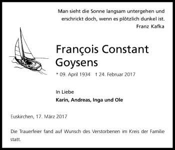 Anzeige von François Constant Goysens von Kölner Stadt-Anzeiger / Kölnische Rundschau / Express