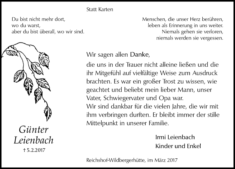  Traueranzeige für Günter Leienbach vom 15.03.2017 aus  Anzeigen Echo  Lokalanzeiger 