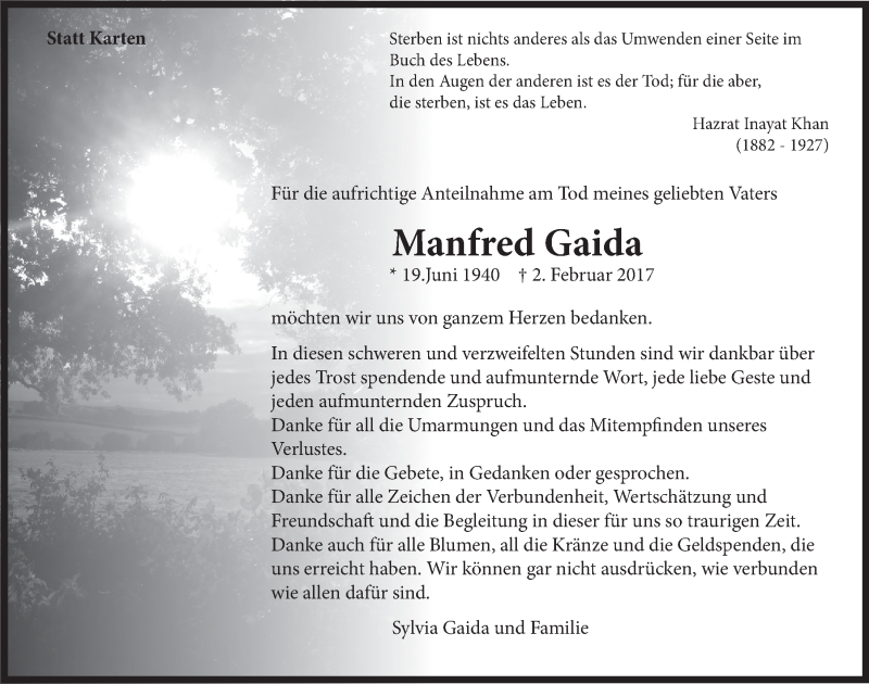  Traueranzeige für Manfred Gaida vom 22.03.2017 aus  Lokalanzeiger 