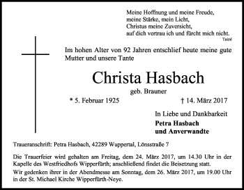 Anzeige von Christa Hasbach von Kölner Stadt-Anzeiger / Kölnische Rundschau / Express