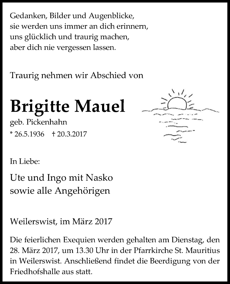  Traueranzeige für Brigitte Mauel vom 25.03.2017 aus Kölner Stadt-Anzeiger / Kölnische Rundschau / Express