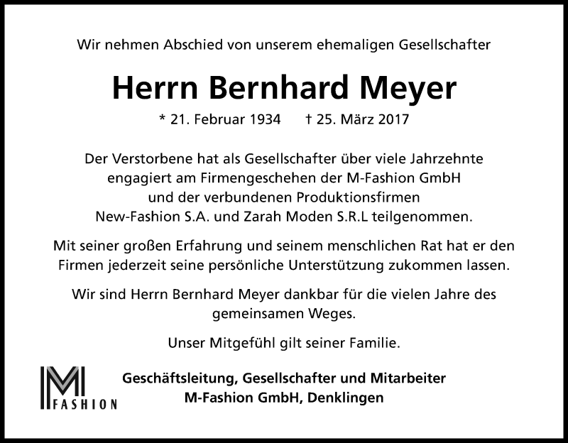  Traueranzeige für Bernhard Meyer vom 30.03.2017 aus Kölner Stadt-Anzeiger / Kölnische Rundschau / Express