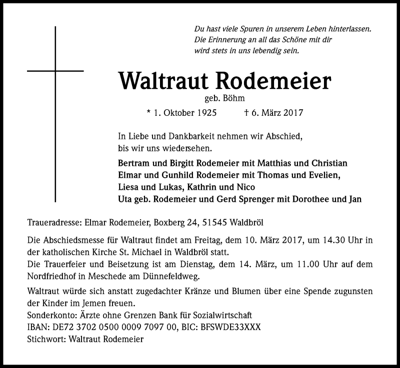  Traueranzeige für Waltraut Rodemeier vom 09.03.2017 aus Kölner Stadt-Anzeiger / Kölnische Rundschau / Express