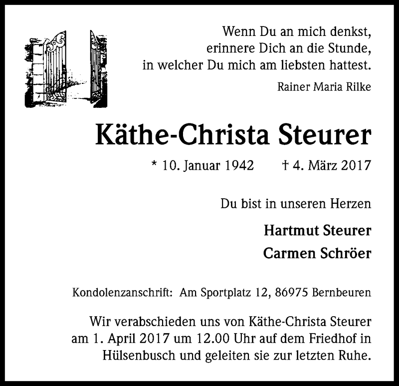  Traueranzeige für Käthe-Christa Steurer vom 25.03.2017 aus Kölner Stadt-Anzeiger / Kölnische Rundschau / Express