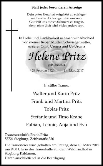 Anzeige von Helene Pritz von Kölner Stadt-Anzeiger / Kölnische Rundschau / Express