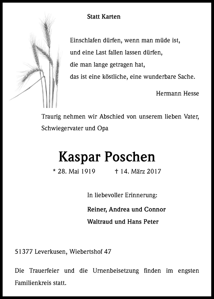  Traueranzeige für Kaspar Poschen vom 18.03.2017 aus Kölner Stadt-Anzeiger / Kölnische Rundschau / Express