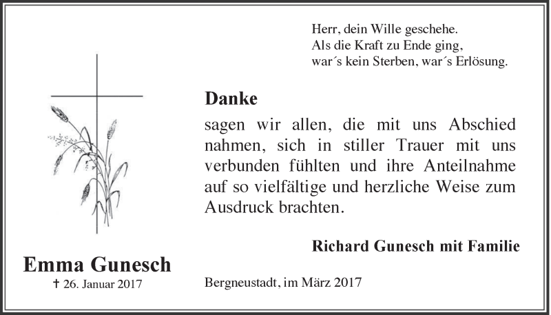  Traueranzeige für Emma Gunesch vom 15.03.2017 aus  Anzeigen Echo 
